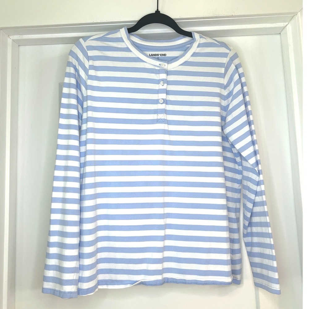 Lands End Womens Blue White Striped Long Sleeve Henley Top Medium 10-12 Nautical